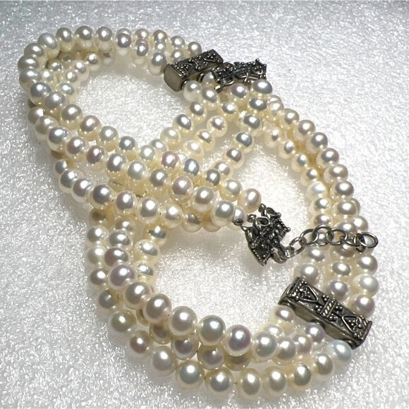 Vintage 3-Strand Glass Pearl Necklace Sterling Silver 925 Clasp Ornate Spacers - Picture 12 of 12